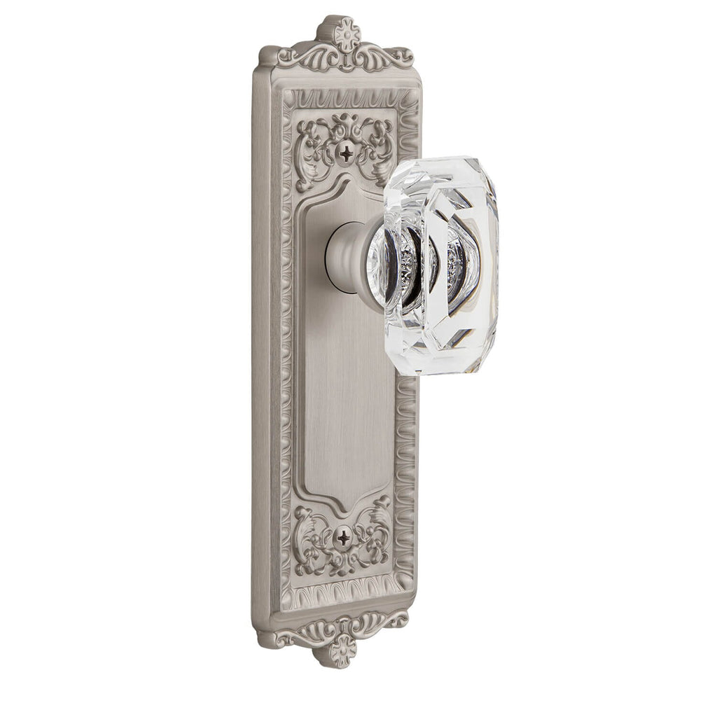 Windsor Long Plate with Baguette Clear Crystal Knob in Satin Nickel