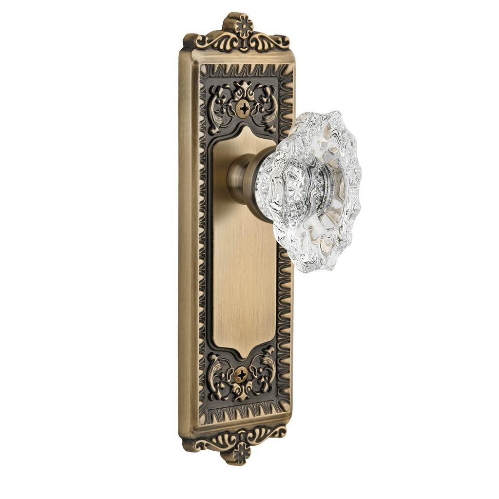 Windsor Long Plate with Biarritz Crystal Knob in Vintage Brass
