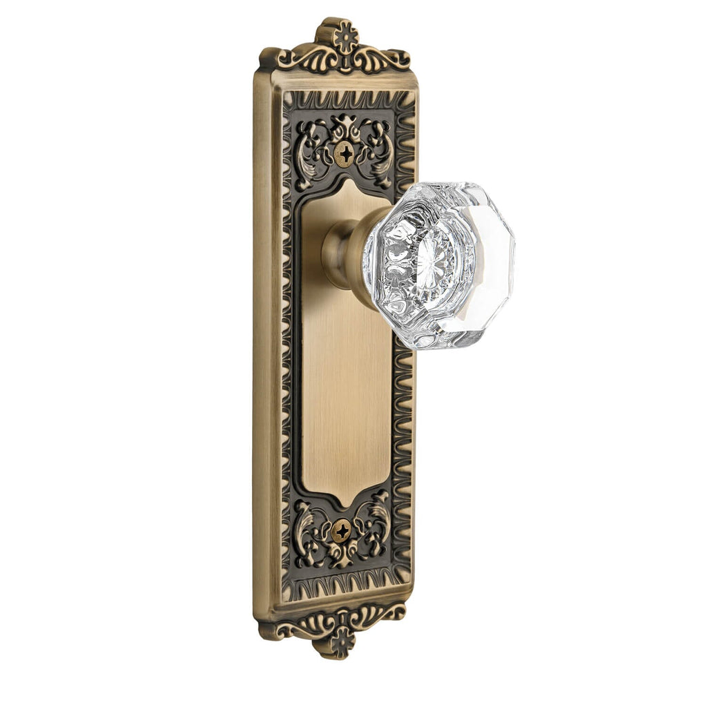 Windsor Long Plate with Chambord Crystal Knob in Vintage Brass