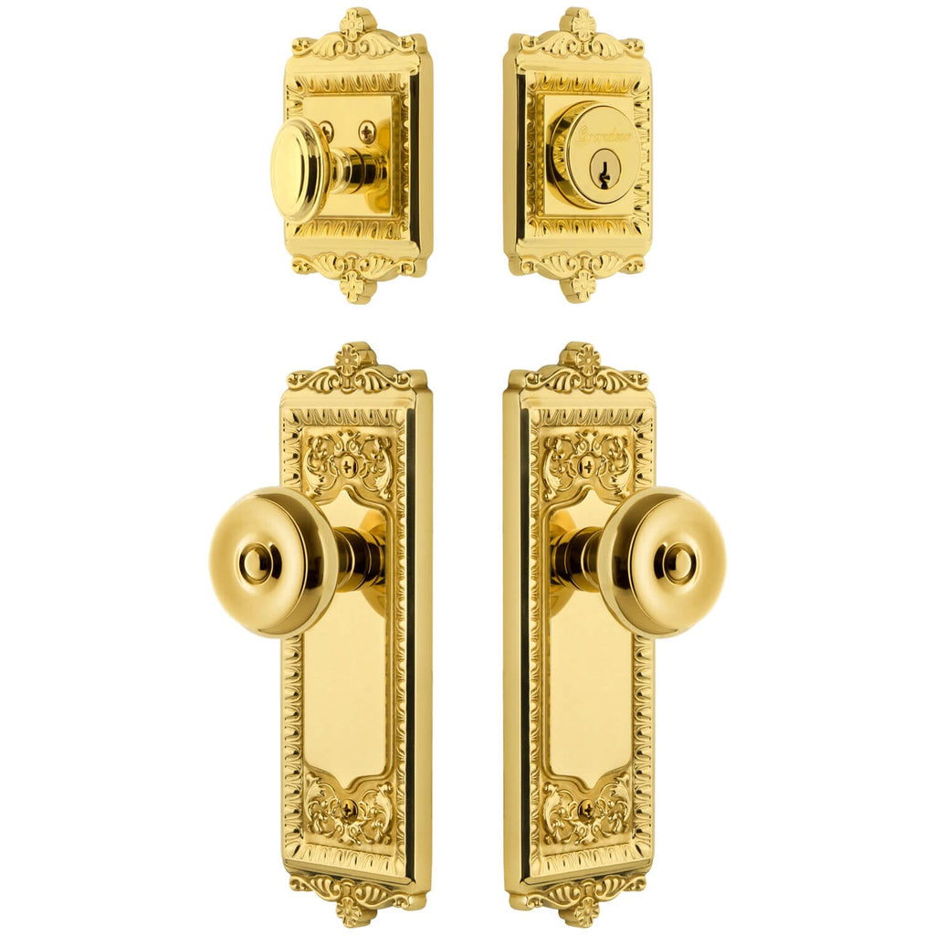 Windsor Long Plate Entry Set with Bouton Knob in Lifetime Brass