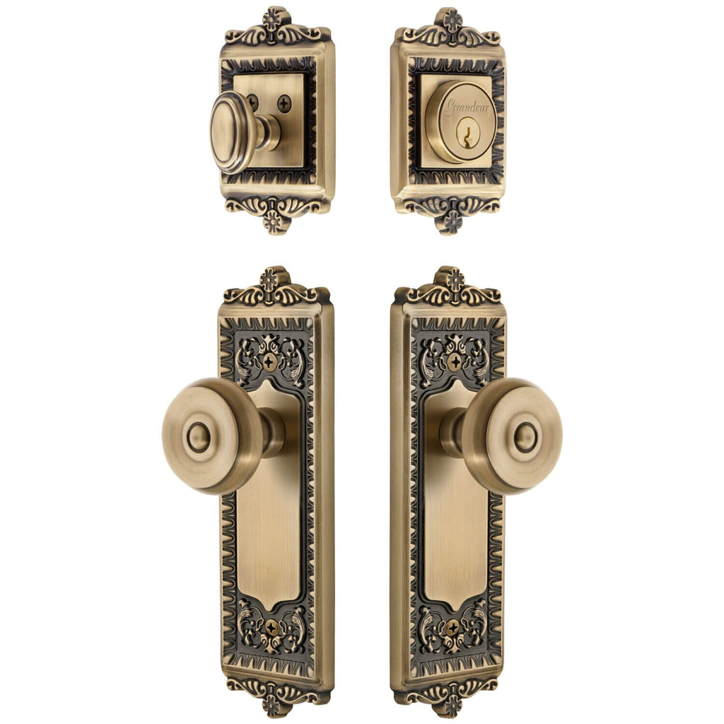 Windsor Long Plate Entry Set with Bouton Knob in Vintage Brass