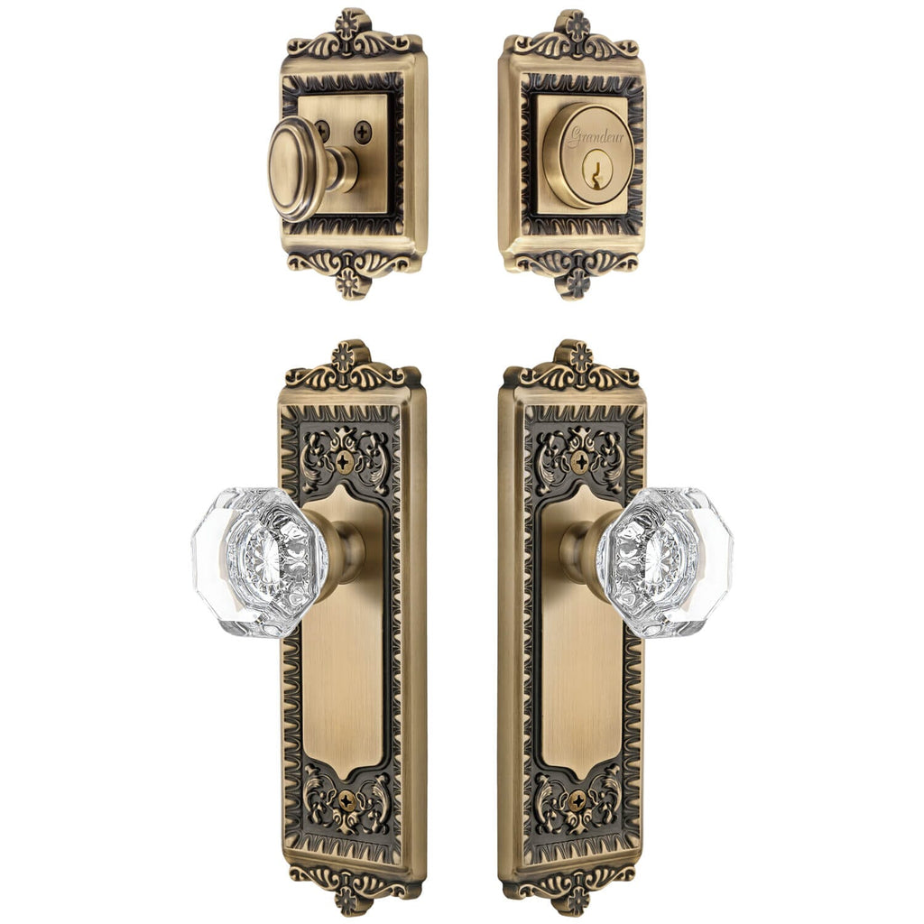 Windsor Long Plate Entry Set with Chambord Crystal Knob in Vintage Brass