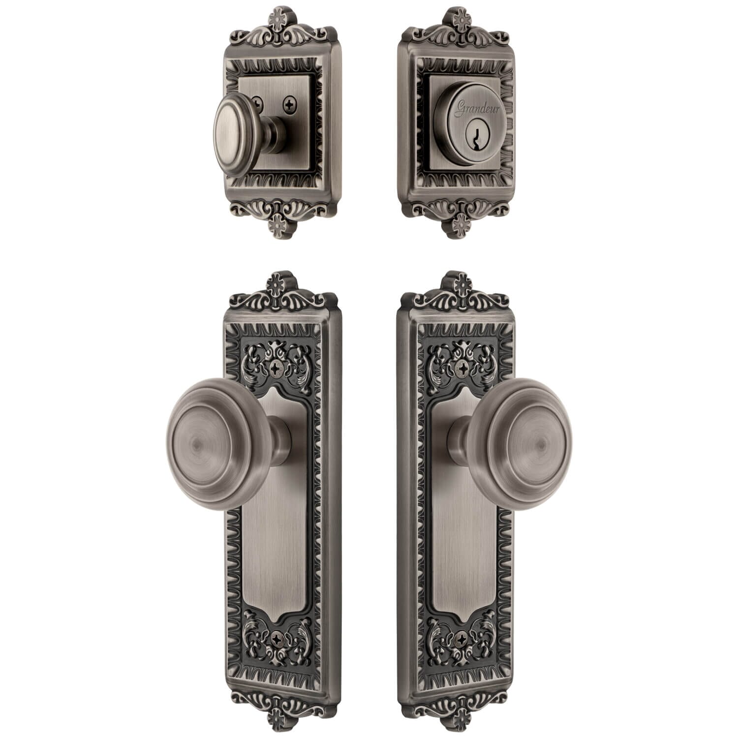 Windsor Long Plate Entry Set with Circulaire Knob in Vintage Brass
