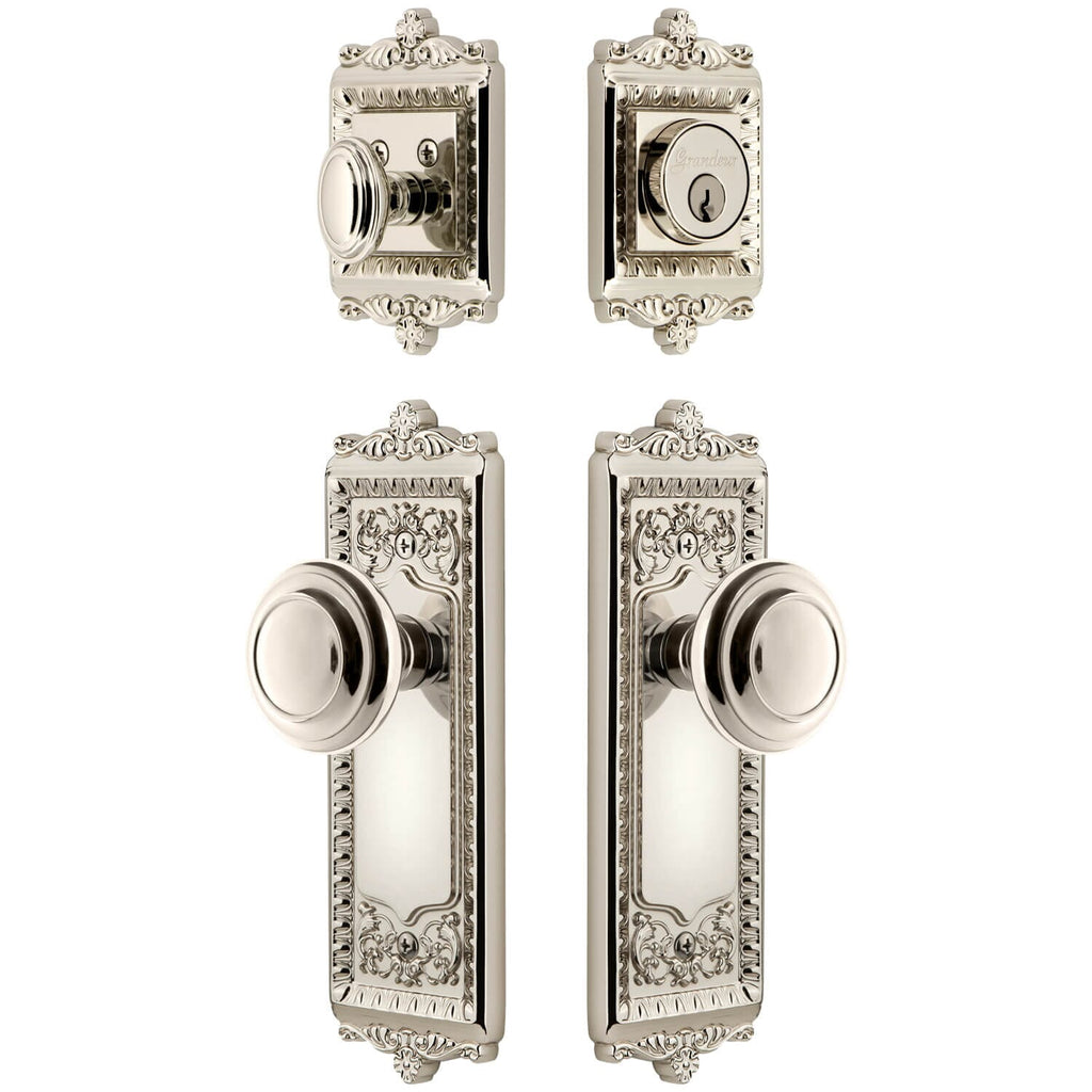 Windsor Long Plate Entry Set with Circulaire Knob in Polished Nickel