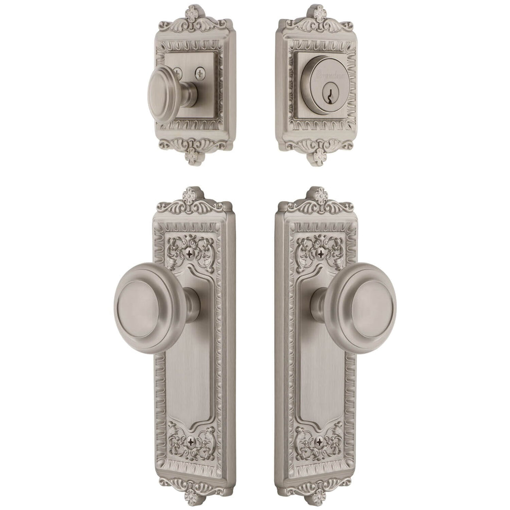 Windsor Long Plate Entry Set with Circulaire Knob in Satin Nickel