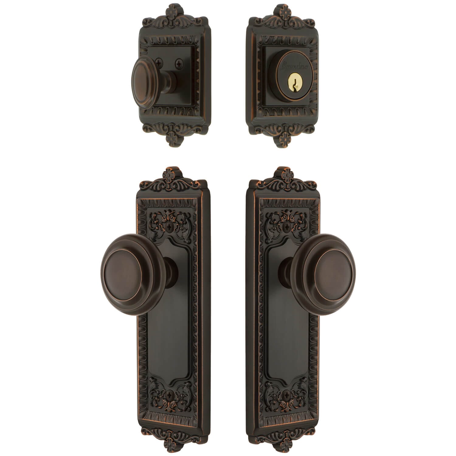 Windsor Long Plate Entry Set with Circulaire Knob in Vintage Brass