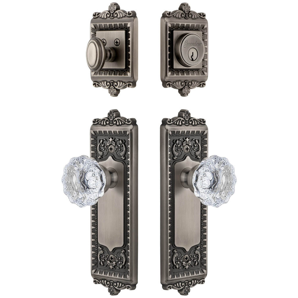 Windsor Long Plate Entry Set with Fontainebleau Crystal Knob in Antique Pewter