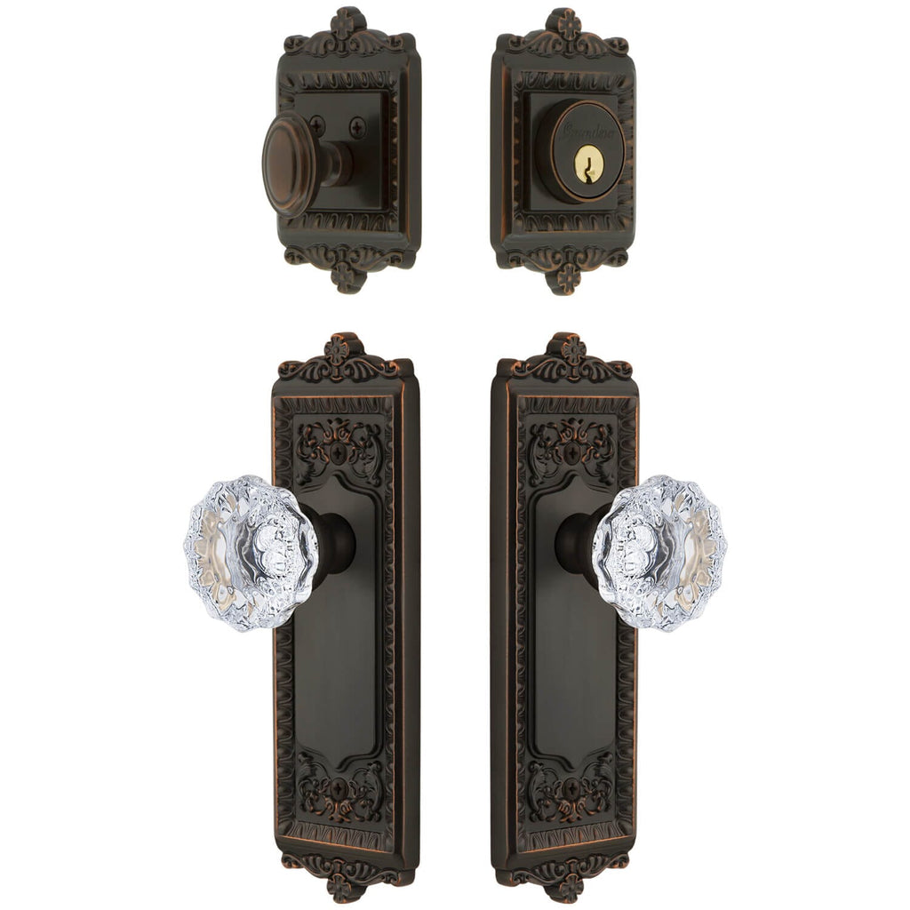 Windsor Long Plate Entry Set with Fontainebleau Crystal Knob in Timeless Bronze