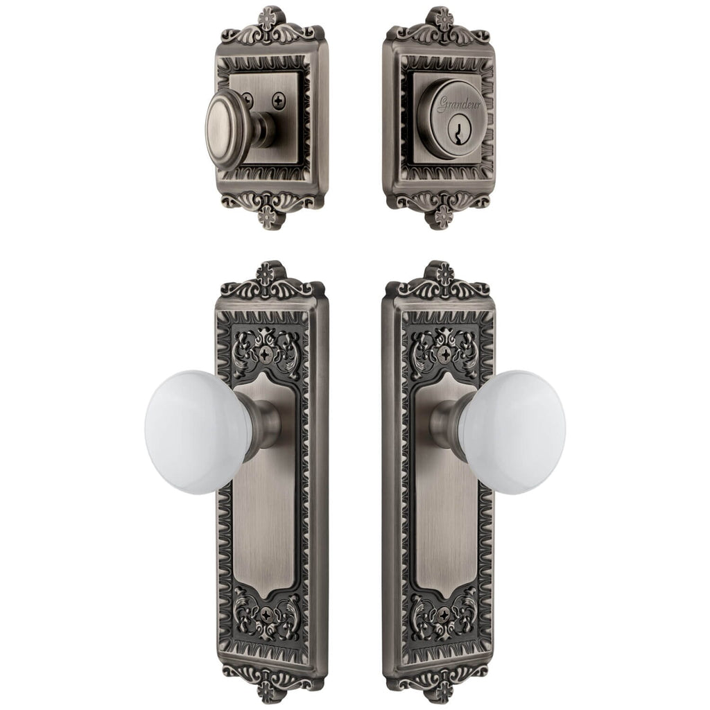 Windsor Long Plate Entry Set with Hyde Park Knob in Antique Pewter