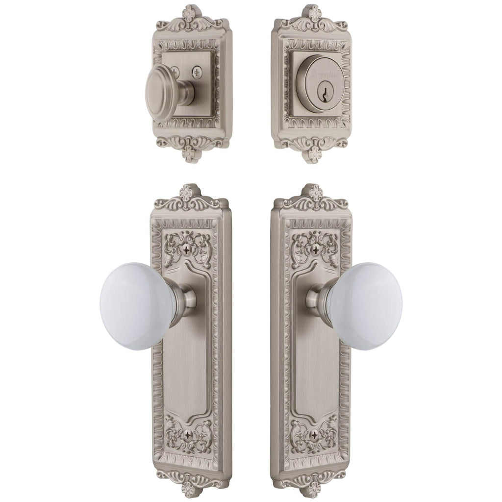 Windsor Long Plate Entry Set with Hyde Park Knob in Satin Nickel