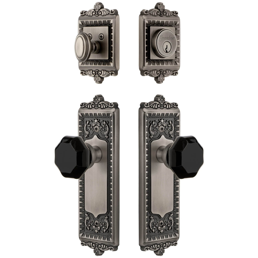 Windsor Long Plate Entry Set with Lyon Knob in Antique Pewter
