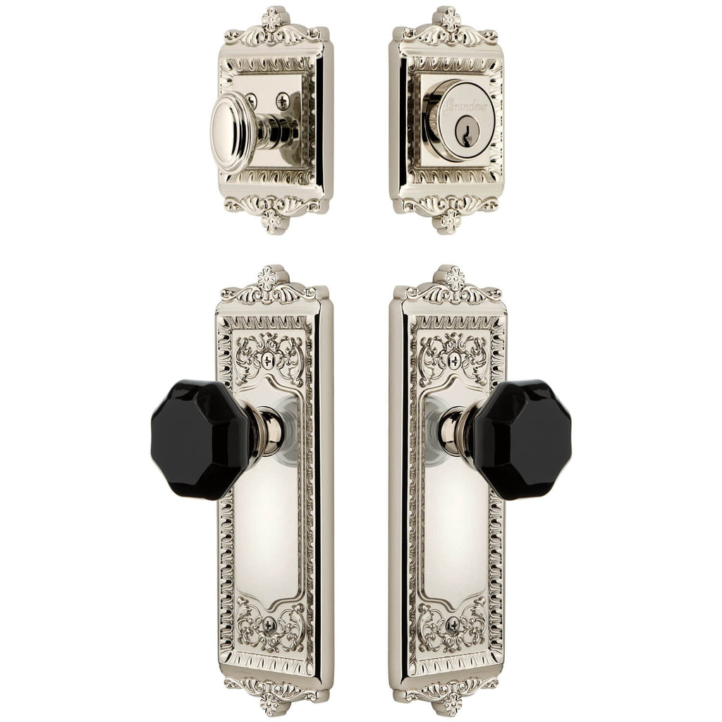 Windsor Long Plate Entry Set with Lyon Knob in Polished Nickel