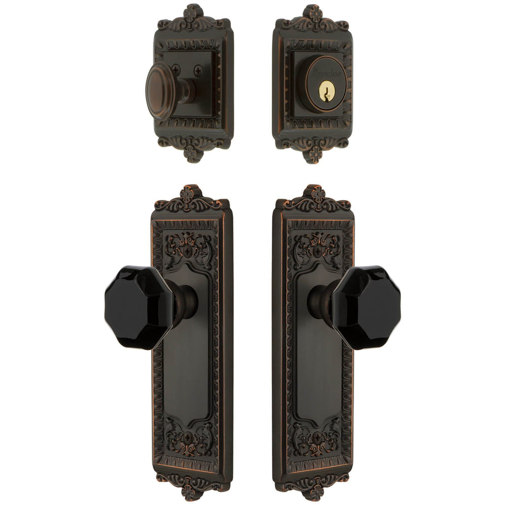 Windsor Long Plate Entry Set with Lyon Knob in Timeless Bronze