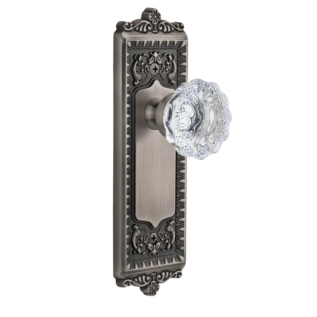 Windsor Long Plate with Fontainebleau Crystal Knob in Antique Pewter