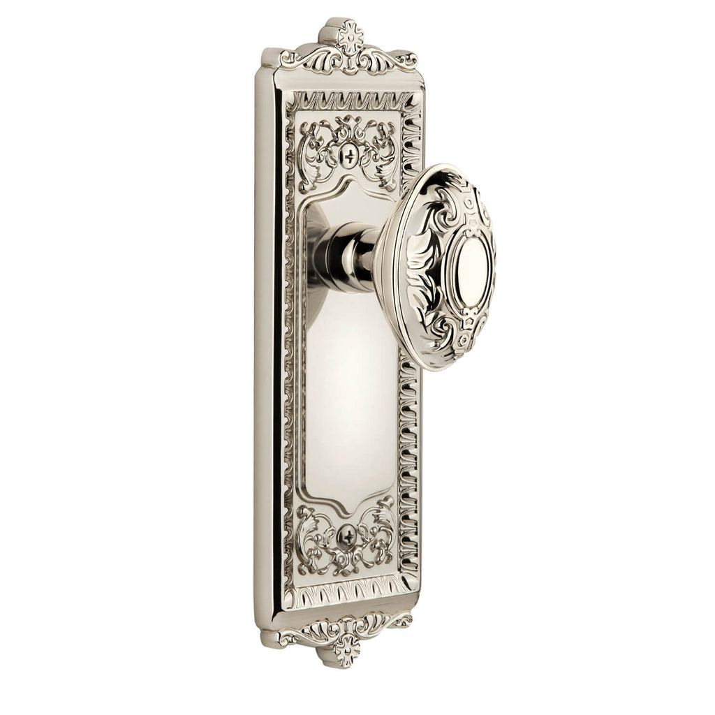 Windsor Long Plate with Grande Victorian Knob in Polished Nickel
