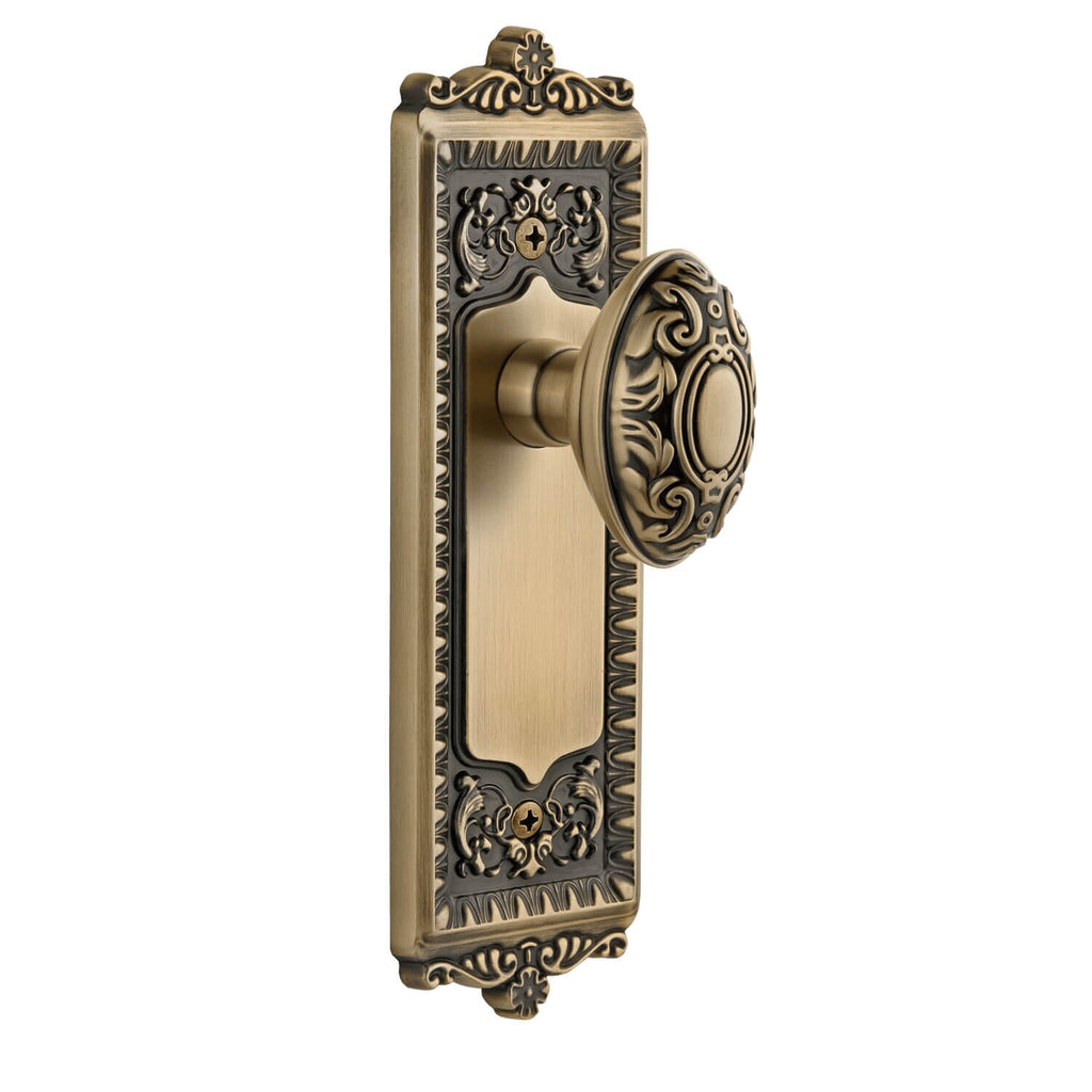 Windsor Long Plate with Grande Victorian Knob in Vintage Brass